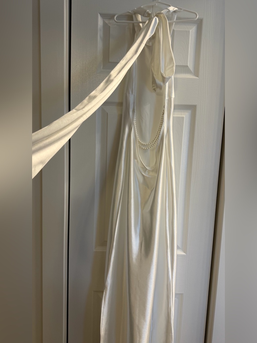 Hello Molly Backless Satin Gown with Pearl Detail - Cream
